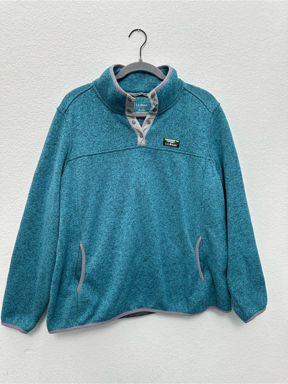 LL Bean Womens 2X Reg Teal Heather Sweater Fleece Snap Neck Pullover 503357
